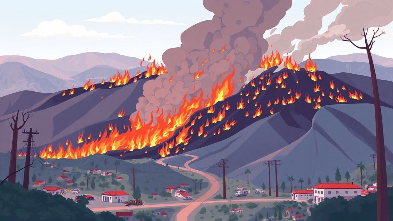 "Los Angeles wildfires: Devastated landscapes, burned structures, and evacuees amid ongoing fires despite calmer winds."