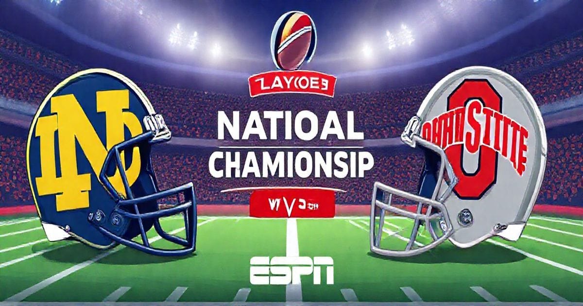 "Notre Dame vs Ohio State in the 2025 College Football Playoff National Championship at Mercedes-Benz Stadium, live on E