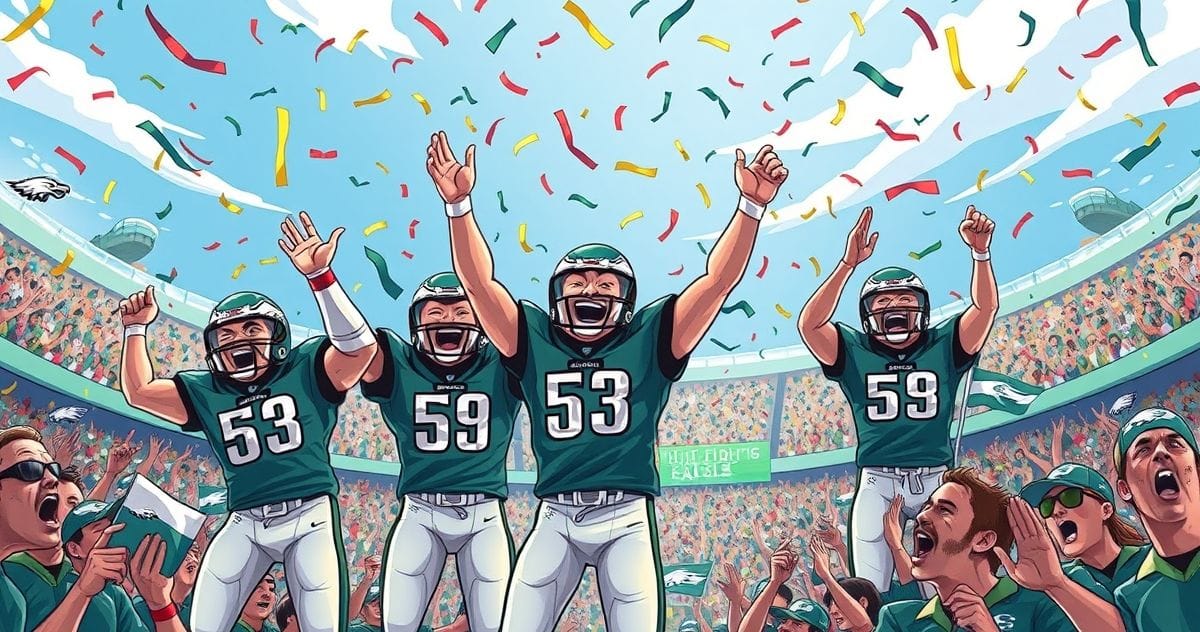 Philadelphia Eagles celebrating after scoring a record 55 points in the NFC Championship game, advancing to Super Bowl 5