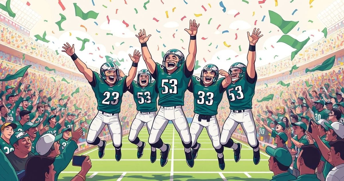 Philadelphia Eagles celebrating their record 55-point win in the NFC Championship Game, heading to Super Bowl LIX.